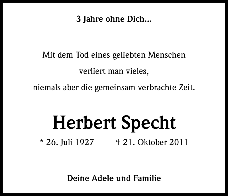  Traueranzeige für Herbert Specht vom 21.10.2014 aus Kölner Stadt-Anzeiger / Kölnische Rundschau / Express