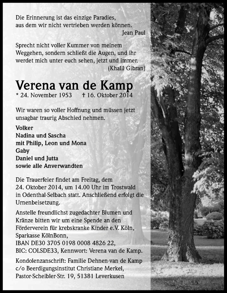  Traueranzeige für Verena  van de Kamp vom 21.10.2014 aus Kölner Stadt-Anzeiger / Kölnische Rundschau / Express