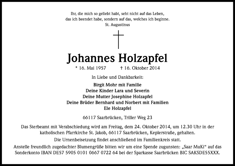  Traueranzeige für Johannes Holzapfel vom 20.10.2014 aus Kölner Stadt-Anzeiger / Kölnische Rundschau / Express