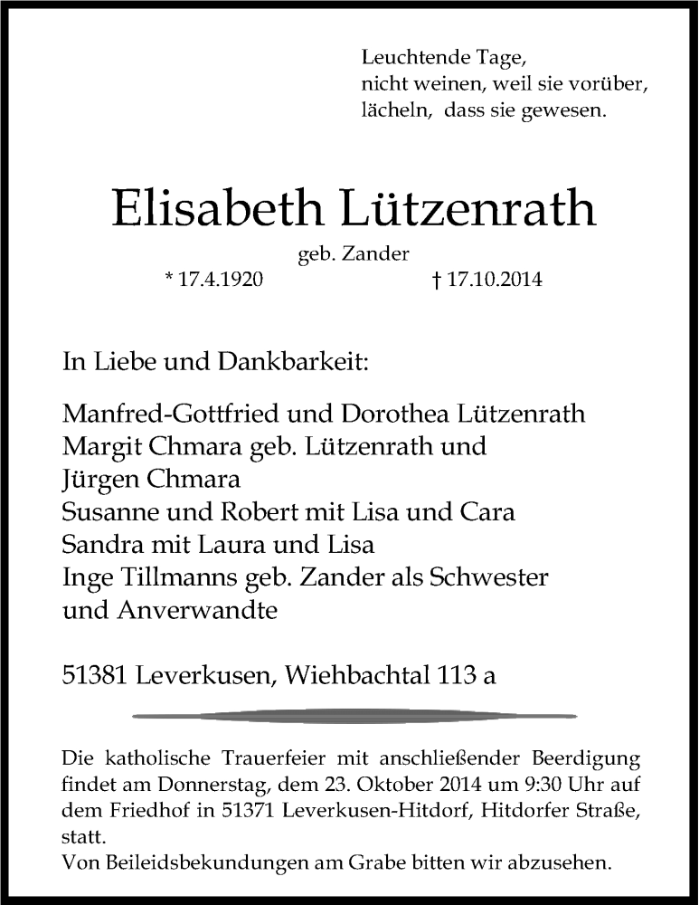  Traueranzeige für Elisabeth Lützenrath vom 21.10.2014 aus Kölner Stadt-Anzeiger / Kölnische Rundschau / Express