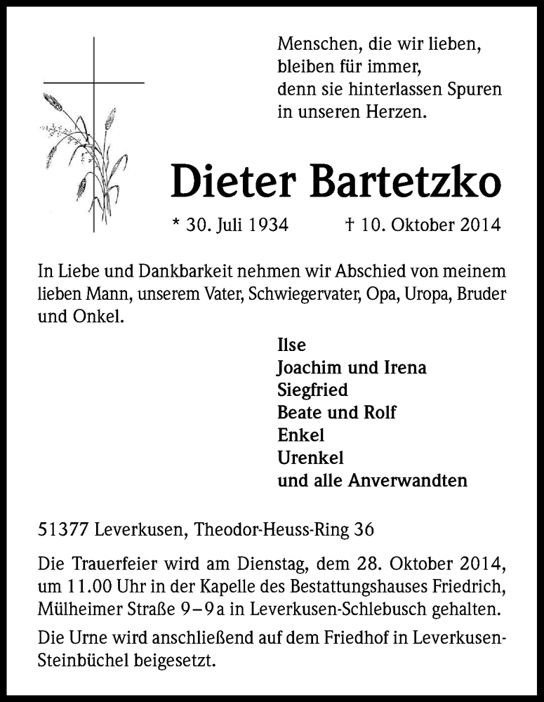  Traueranzeige für Dieter Bartetzko vom 21.10.2014 aus Kölner Stadt-Anzeiger / Kölnische Rundschau / Express