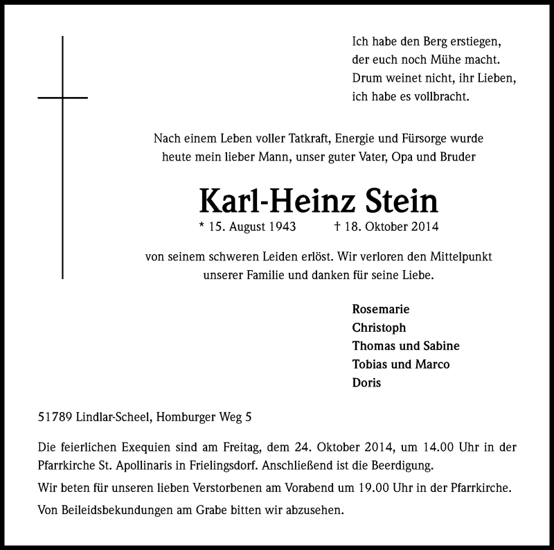  Traueranzeige für Karl-Heinz Stein vom 21.10.2014 aus Kölner Stadt-Anzeiger / Kölnische Rundschau / Express