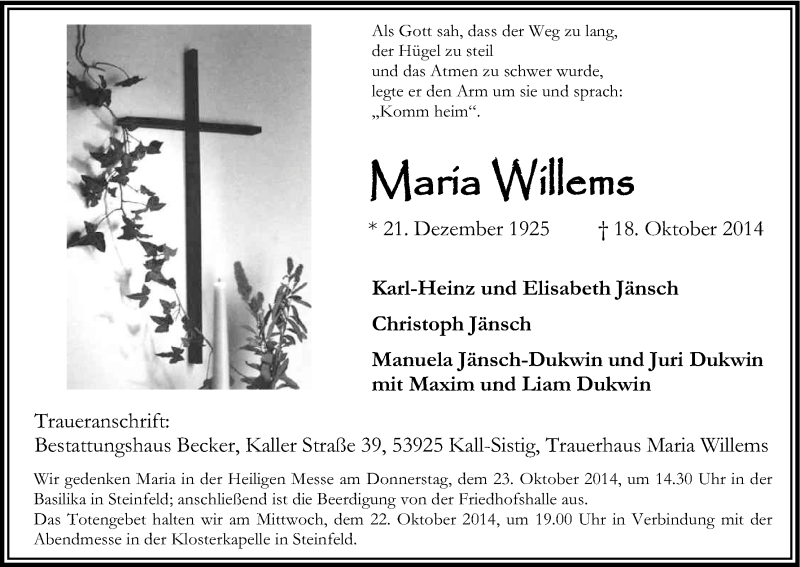  Traueranzeige für Maria Willems vom 21.10.2014 aus Kölner Stadt-Anzeiger / Kölnische Rundschau / Express