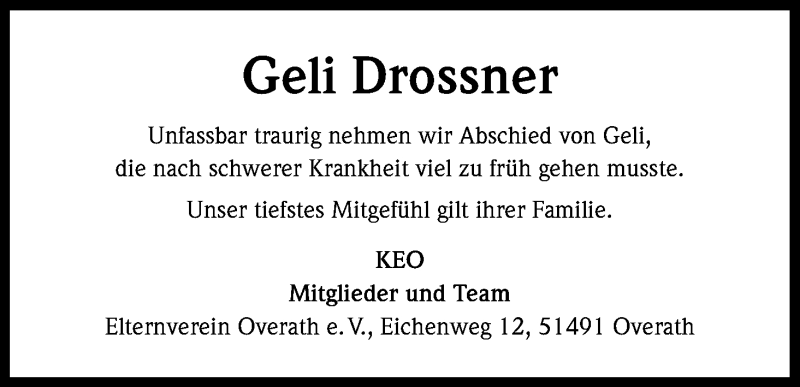  Traueranzeige für Geli Drossner vom 21.10.2014 aus Kölner Stadt-Anzeiger / Kölnische Rundschau / Express