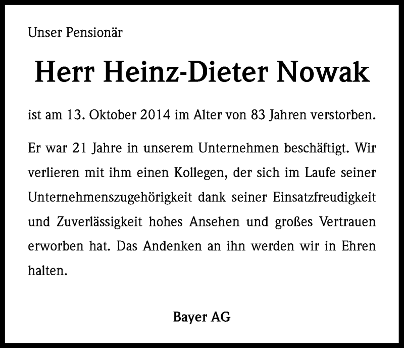  Traueranzeige für Heinz-Dieter Nowak vom 21.10.2014 aus Kölner Stadt-Anzeiger / Kölnische Rundschau / Express