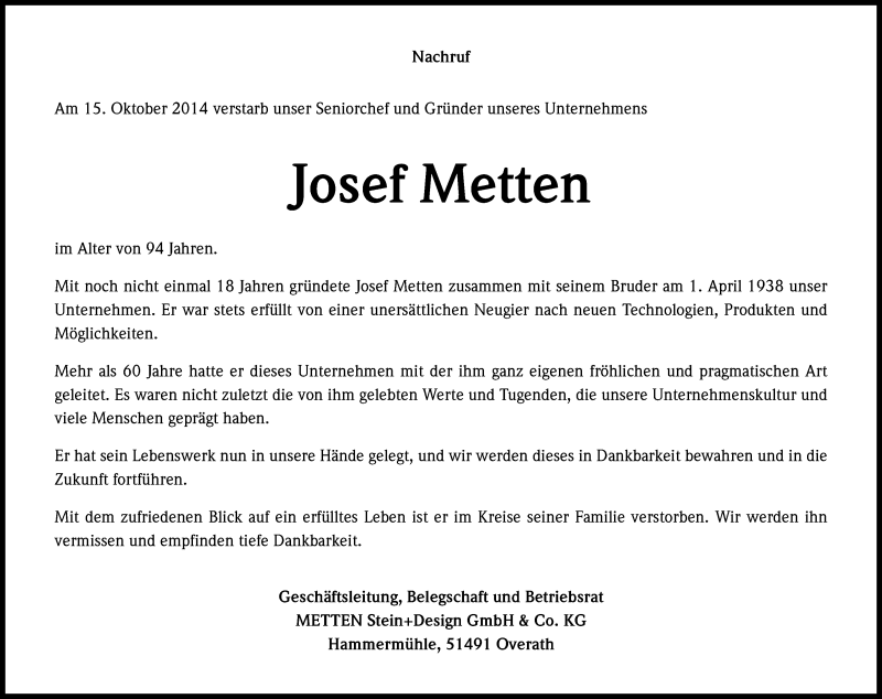  Traueranzeige für Josef Metten vom 21.10.2014 aus Kölner Stadt-Anzeiger / Kölnische Rundschau / Express