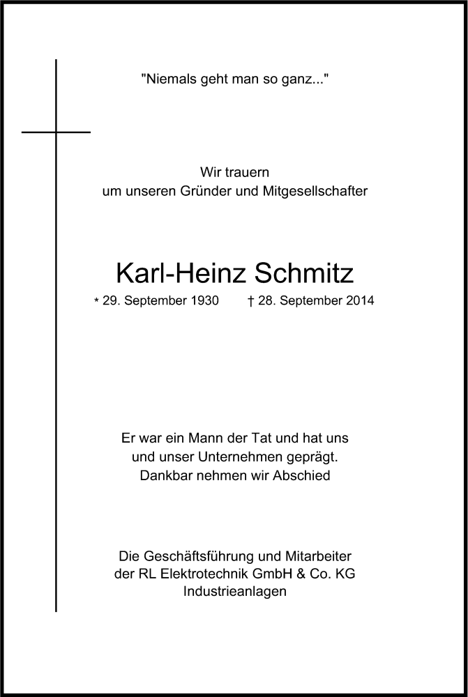  Traueranzeige für Karl-Heinz Schmitz vom 21.10.2014 aus Kölner Stadt-Anzeiger / Kölnische Rundschau / Express