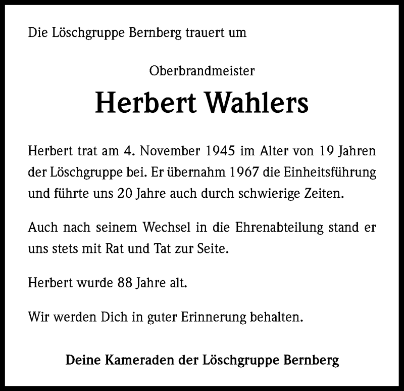  Traueranzeige für Herbert Wahlers vom 21.10.2014 aus Kölner Stadt-Anzeiger / Kölnische Rundschau / Express