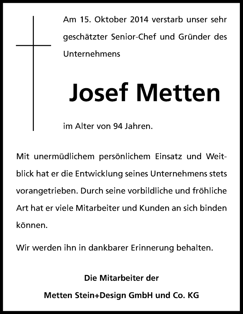  Traueranzeige für Josef Metten vom 21.10.2014 aus Kölner Stadt-Anzeiger / Kölnische Rundschau / Express