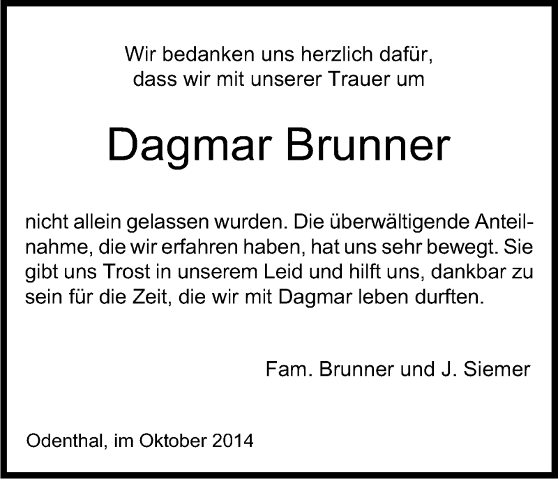  Traueranzeige für Dagmar Brunner vom 21.10.2014 aus Kölner Stadt-Anzeiger / Kölnische Rundschau / Express