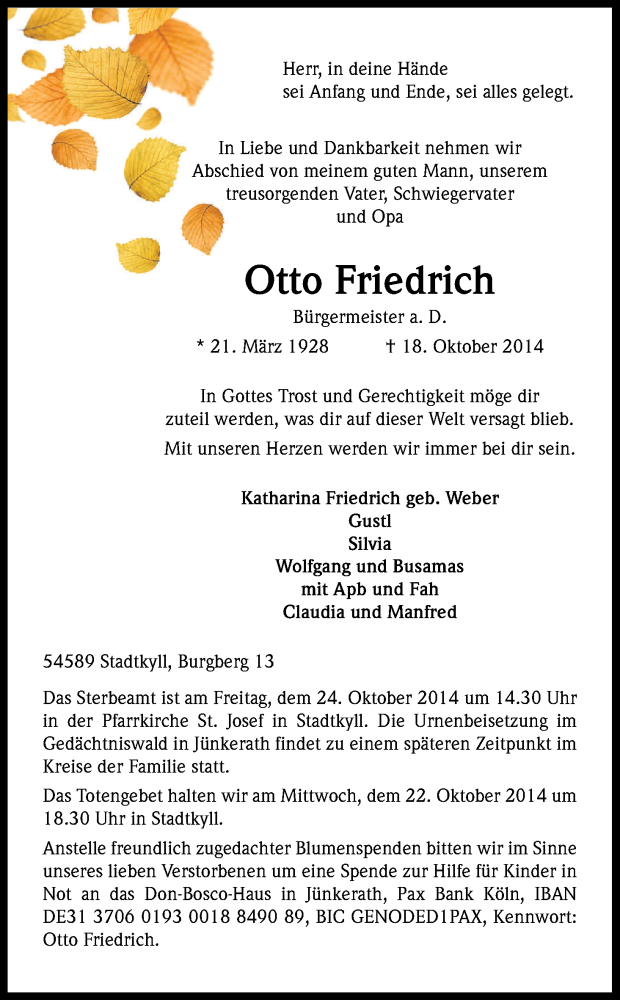  Traueranzeige für Otto Friedrich vom 21.10.2014 aus Kölner Stadt-Anzeiger / Kölnische Rundschau / Express