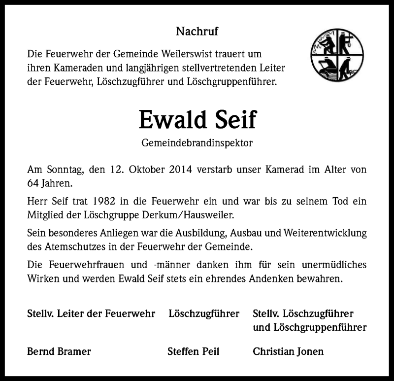  Traueranzeige für Ewald Seif vom 21.10.2014 aus Kölner Stadt-Anzeiger / Kölnische Rundschau / Express