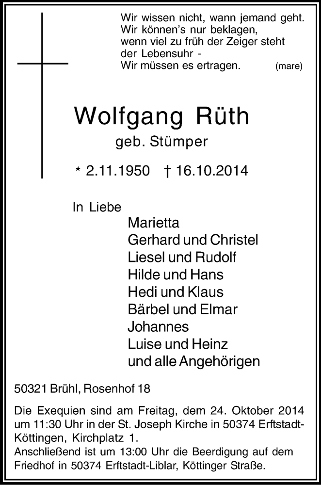  Traueranzeige für Wolfgang Rüth vom 22.10.2014 aus Kölner Stadt-Anzeiger / Kölnische Rundschau / Express