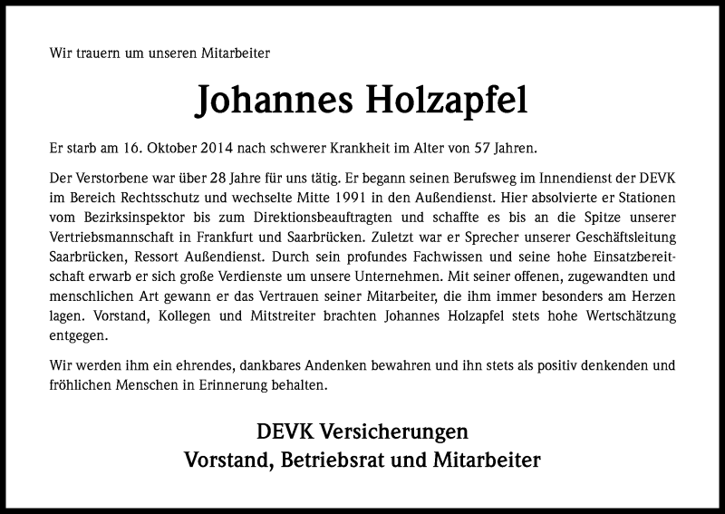  Traueranzeige für Johannes Holzapfel vom 22.10.2014 aus Kölner Stadt-Anzeiger / Kölnische Rundschau / Express
