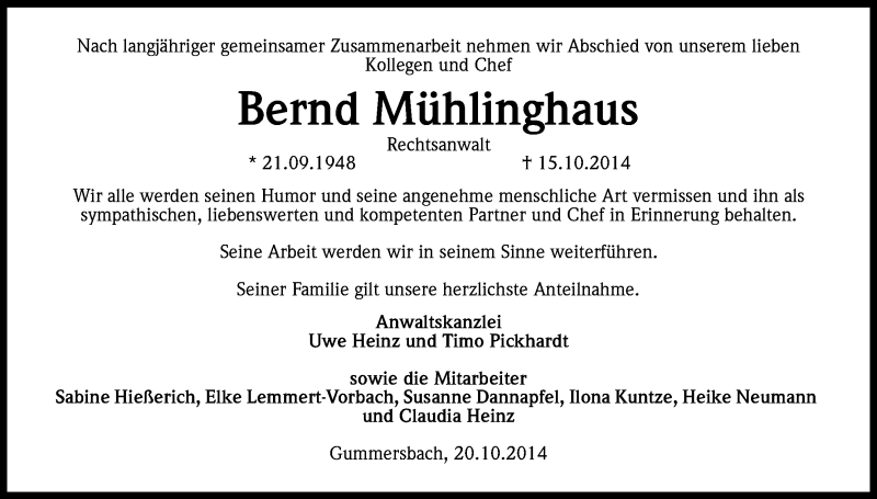  Traueranzeige für Bernd Mühlinghaus vom 21.10.2014 aus Kölner Stadt-Anzeiger / Kölnische Rundschau / Express