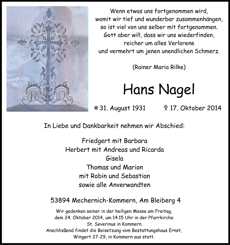 Traueranzeige für Hans Nagel vom 21.10.2014 aus Kölner Stadt-Anzeiger / Kölnische Rundschau / Express