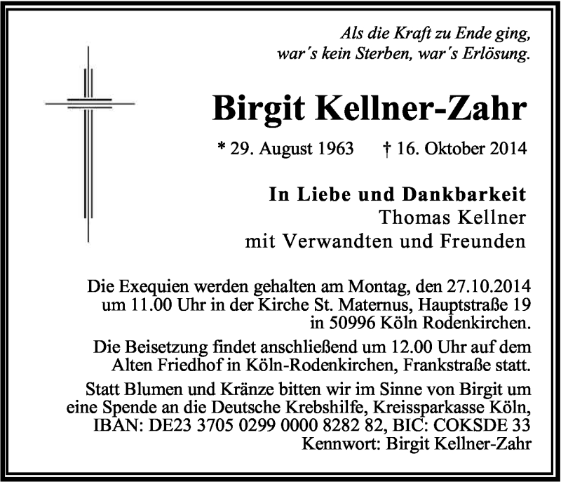  Traueranzeige für Birgit Kellner-Zahr vom 22.10.2014 aus Kölner Stadt-Anzeiger / Kölnische Rundschau / Express
