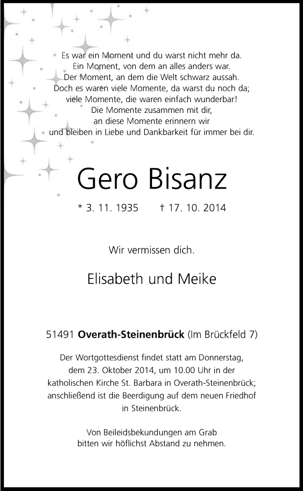  Traueranzeige für Gero Bisanz vom 22.10.2014 aus Kölner Stadt-Anzeiger / Kölnische Rundschau / Express