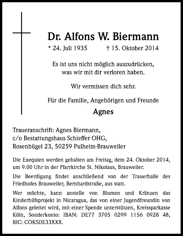  Traueranzeige für Alfons Biermann vom 22.10.2014 aus Kölner Stadt-Anzeiger / Kölnische Rundschau / Express