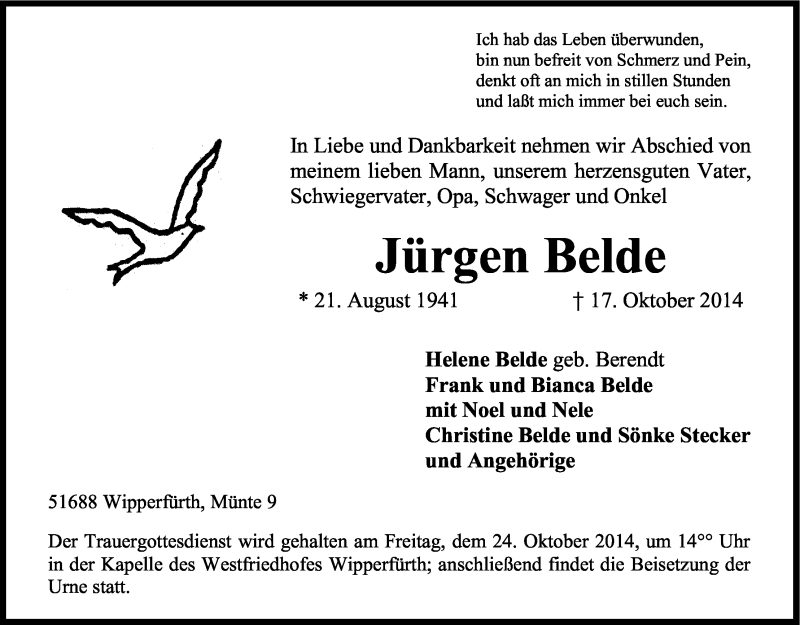  Traueranzeige für Jürgen Belde vom 22.10.2014 aus Kölner Stadt-Anzeiger / Kölnische Rundschau / Express
