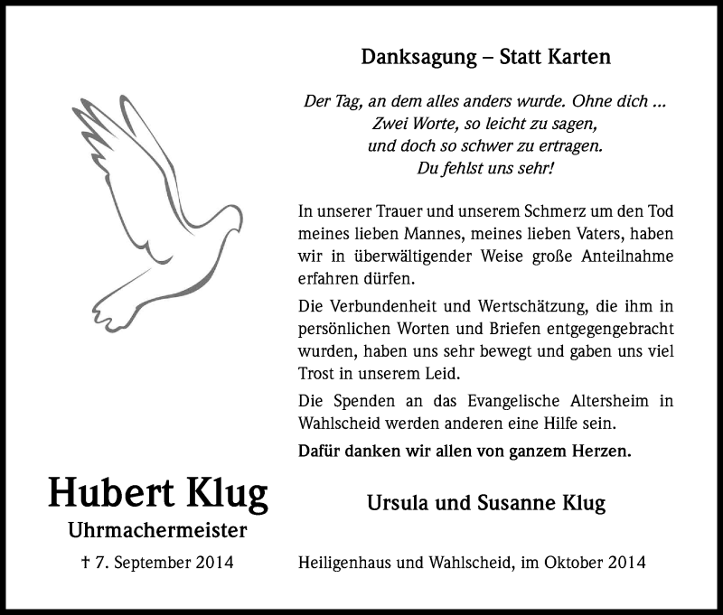  Traueranzeige für Hubert Klug vom 25.10.2014 aus Kölner Stadt-Anzeiger / Kölnische Rundschau / Express