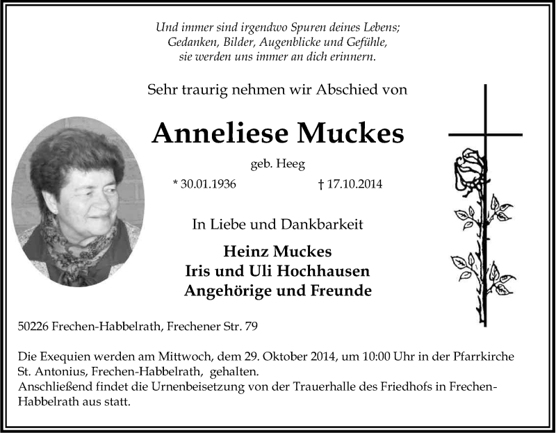  Traueranzeige für Anneliese Muckes vom 25.10.2014 aus Kölner Stadt-Anzeiger / Kölnische Rundschau / Express