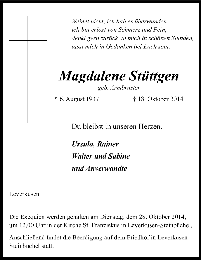  Traueranzeige für Magdalene Stüttgen vom 23.10.2014 aus Kölner Stadt-Anzeiger / Kölnische Rundschau / Express
