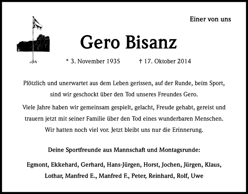  Traueranzeige für Gero Bisanz vom 23.10.2014 aus Kölner Stadt-Anzeiger / Kölnische Rundschau / Express