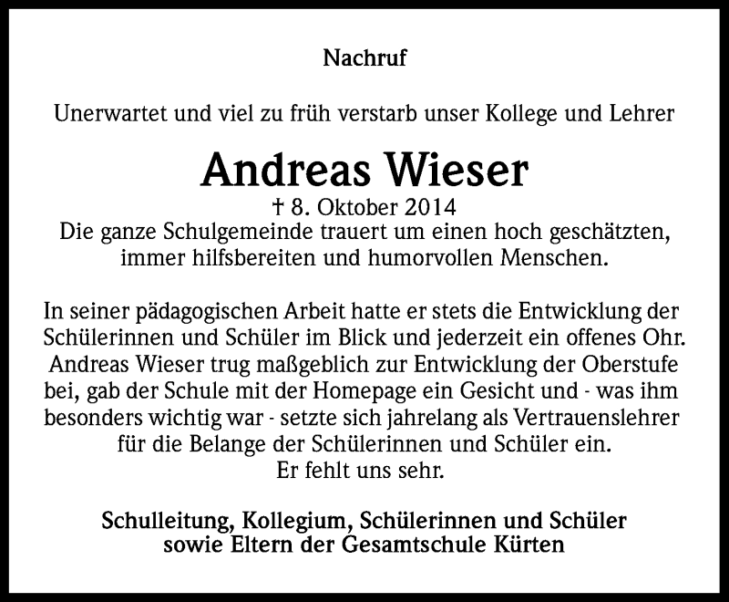  Traueranzeige für Andreas Wieser vom 25.10.2014 aus Kölner Stadt-Anzeiger / Kölnische Rundschau / Express