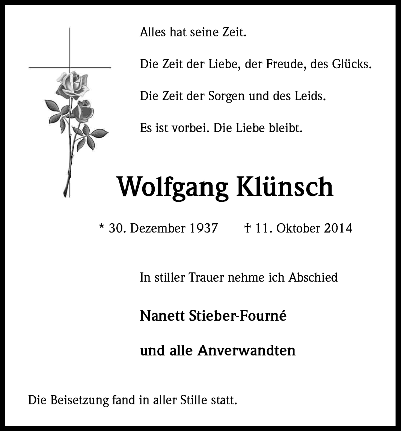  Traueranzeige für Wolfgang Klünsch vom 22.10.2014 aus Kölner Stadt-Anzeiger / Kölnische Rundschau / Express