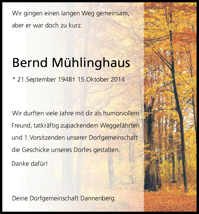  Traueranzeige für Bernd Mühlinghaus vom 23.10.2014 aus Kölner Stadt-Anzeiger / Kölnische Rundschau / Express