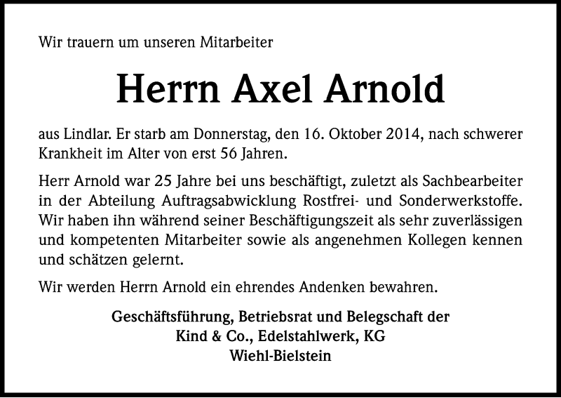  Traueranzeige für Axel Arnold vom 23.10.2014 aus Kölner Stadt-Anzeiger / Kölnische Rundschau / Express