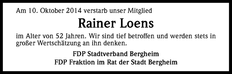  Traueranzeige für Rainer Loens vom 25.10.2014 aus Kölner Stadt-Anzeiger / Kölnische Rundschau / Express