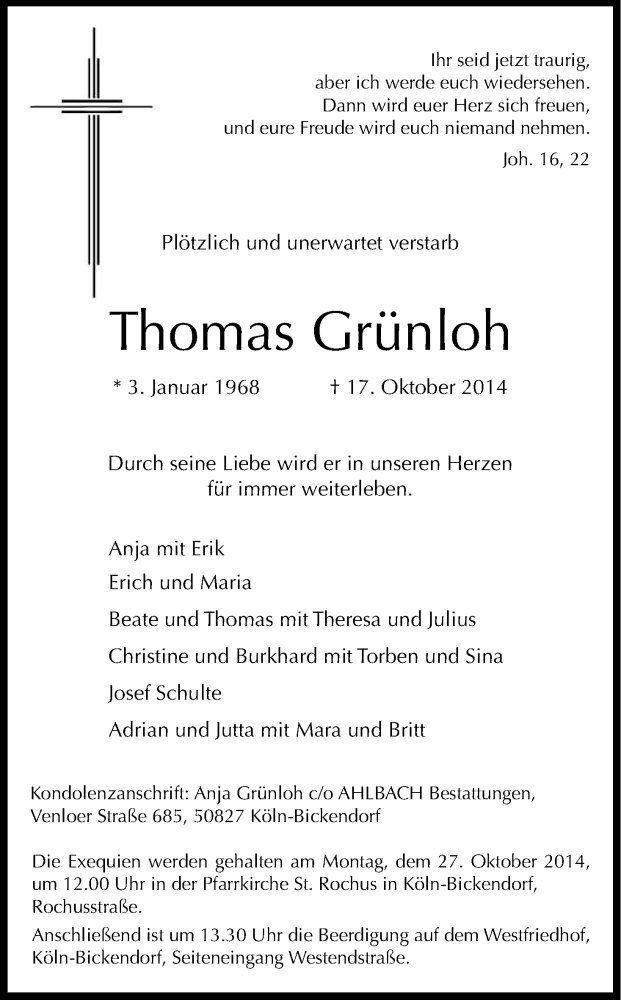  Traueranzeige für Thomas Grünloh vom 23.10.2014 aus Kölner Stadt-Anzeiger / Kölnische Rundschau / Express