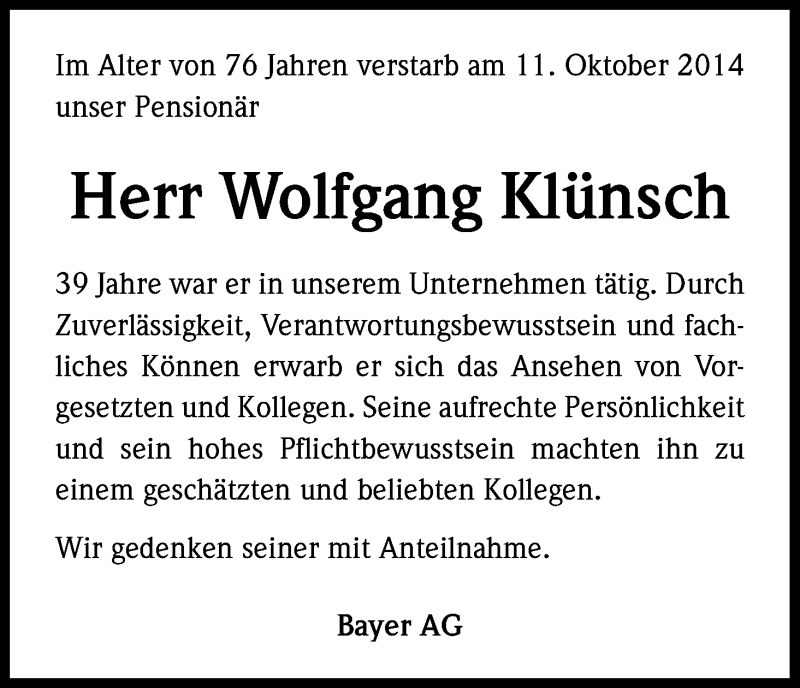  Traueranzeige für Wolfgang Klünsch vom 23.10.2014 aus Kölner Stadt-Anzeiger / Kölnische Rundschau / Express