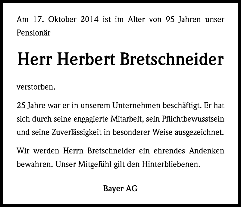  Traueranzeige für Herbert Bretschneider vom 23.10.2014 aus Kölner Stadt-Anzeiger / Kölnische Rundschau / Express