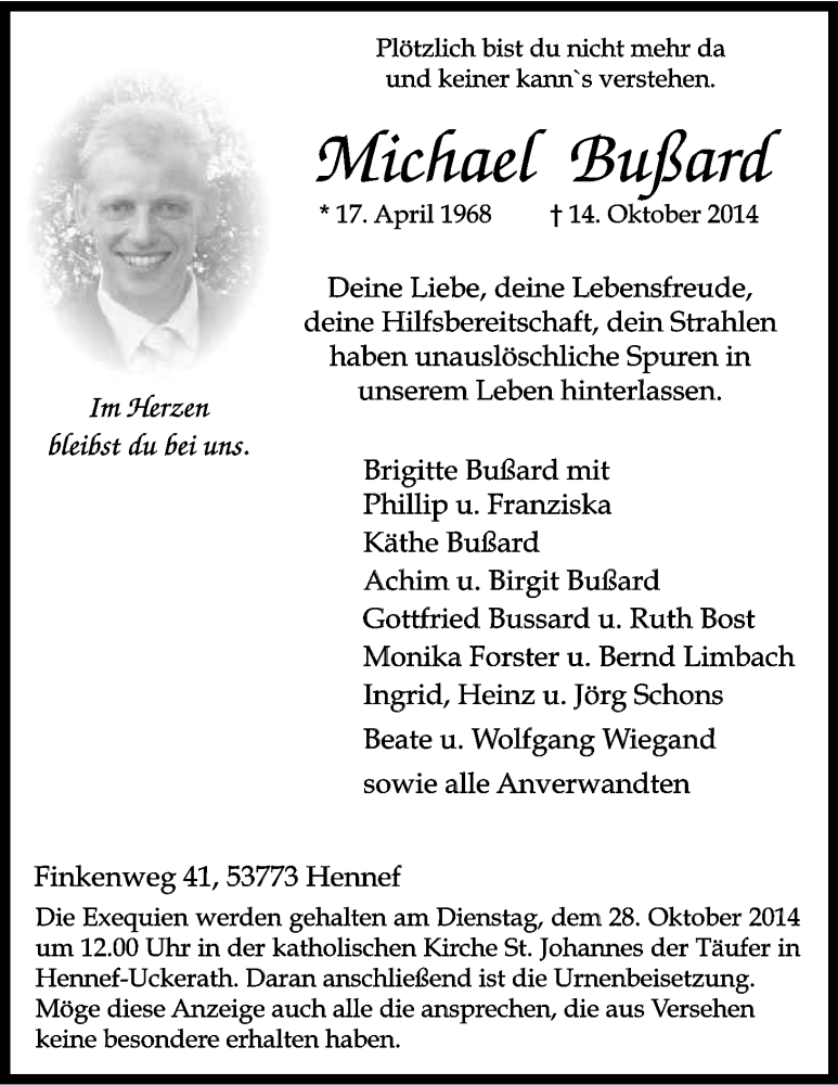  Traueranzeige für Michael Bußard vom 25.10.2014 aus Kölner Stadt-Anzeiger / Kölnische Rundschau / Express