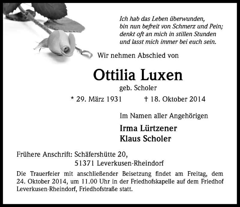  Traueranzeige für Ottilia Luxen vom 23.10.2014 aus Kölner Stadt-Anzeiger / Kölnische Rundschau / Express