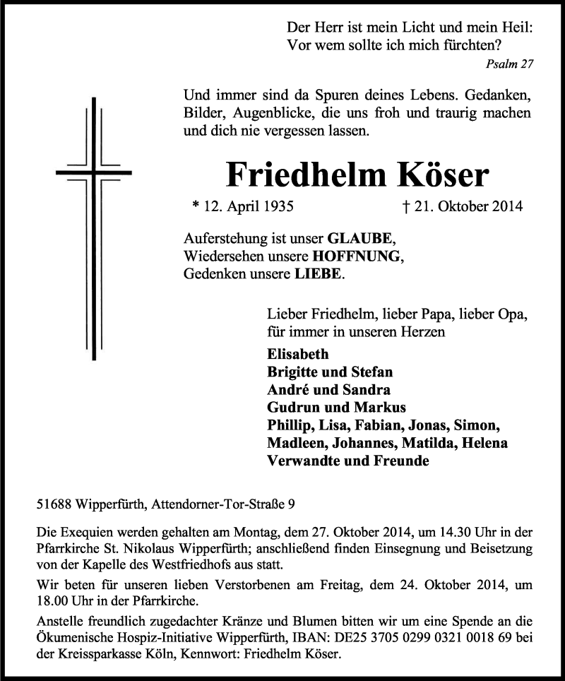  Traueranzeige für Friedhelm Köser vom 23.10.2014 aus Kölner Stadt-Anzeiger / Kölnische Rundschau / Express