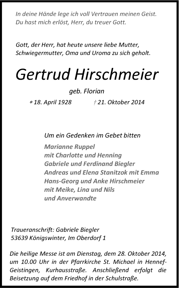  Traueranzeige für Gertrud Hirschmeier vom 23.10.2014 aus Kölner Stadt-Anzeiger / Kölnische Rundschau / Express