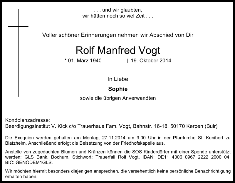  Traueranzeige für Rolf Manfred Vogt vom 23.10.2014 aus Kölner Stadt-Anzeiger / Kölnische Rundschau / Express