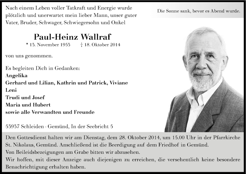  Traueranzeige für Paul-Heinz Wallraf vom 23.10.2014 aus Kölner Stadt-Anzeiger / Kölnische Rundschau / Express