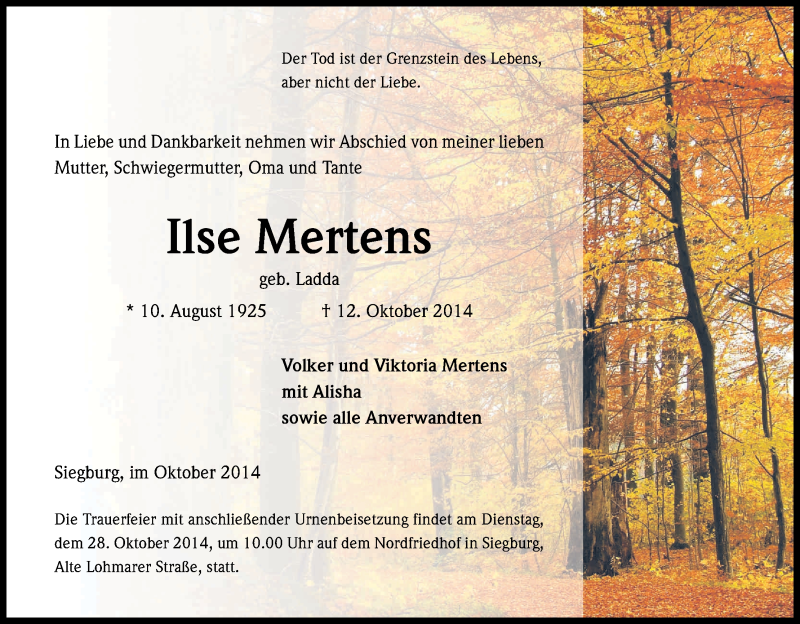  Traueranzeige für Ilse Mertens vom 23.10.2014 aus Kölner Stadt-Anzeiger / Kölnische Rundschau / Express