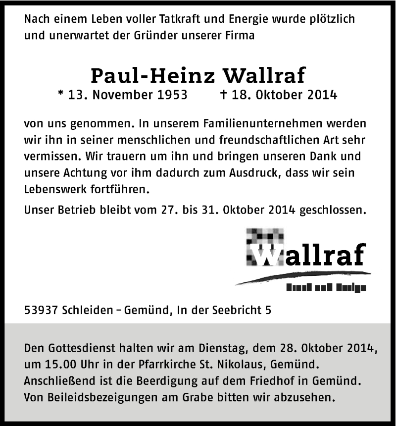  Traueranzeige für Paul-Heinz Wallraf vom 23.10.2014 aus Kölner Stadt-Anzeiger / Kölnische Rundschau / Express