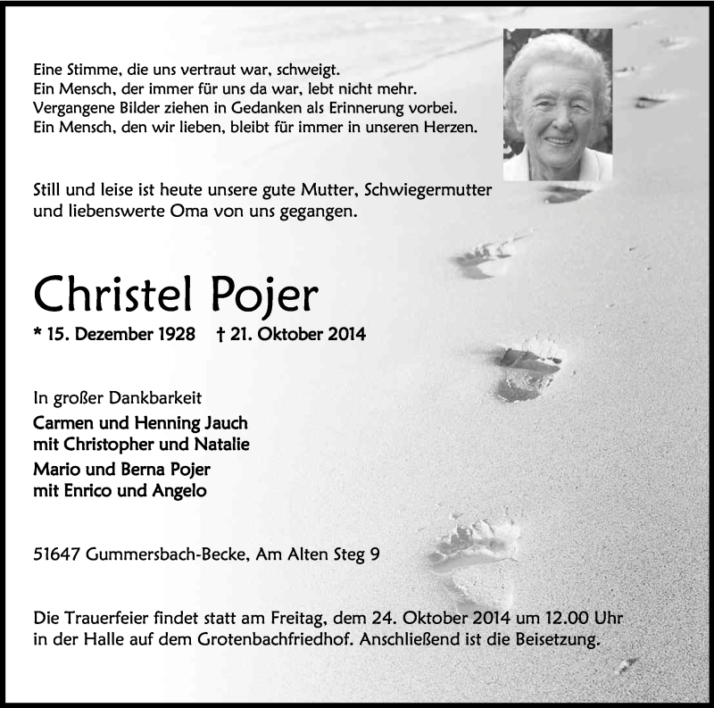  Traueranzeige für Christel Pojer vom 23.10.2014 aus Kölner Stadt-Anzeiger / Kölnische Rundschau / Express