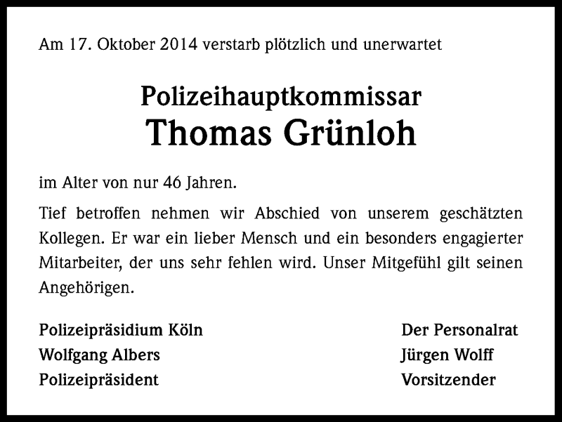  Traueranzeige für Thomas Grünloh vom 25.10.2014 aus Kölner Stadt-Anzeiger / Kölnische Rundschau / Express