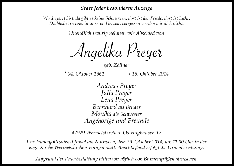  Traueranzeige für Angelika Pleyel vom 23.10.2014 aus Kölner Stadt-Anzeiger / Kölnische Rundschau / Express