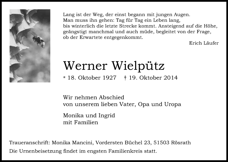  Traueranzeige für Werner Wielpütz vom 25.10.2014 aus Kölner Stadt-Anzeiger / Kölnische Rundschau / Express