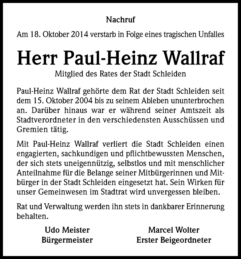  Traueranzeige für Paul-Heinz Wallraf vom 25.10.2014 aus Kölner Stadt-Anzeiger / Kölnische Rundschau / Express