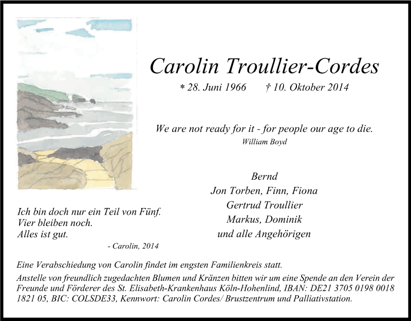  Traueranzeige für Carolin  Troullier-Cordes vom 25.10.2014 aus Kölner Stadt-Anzeiger / Kölnische Rundschau / Express